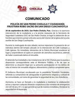 Policía de San Pedro Cholula y ciudadanía frustran robo sacro en San Diego Cuachayotla