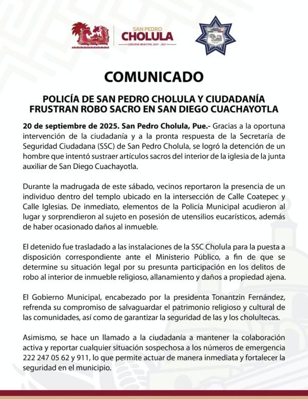 Policía de San Pedro Cholula y ciudadanía frustran robo sacro en San Diego Cuachayotla
