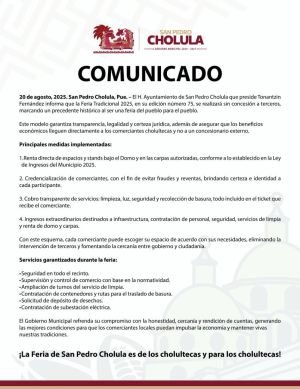 20 de agosto, 2025. San Pedro Cholula, Pue. – El H. Ayuntamiento de San Pedro Cholula que preside Tonantzin Fernández informa que la Feria Tradicional 2025, en su edición número 75, se realizará sin concesión a terceros, marcando un precedente histór