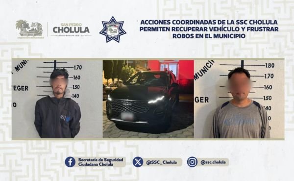 Acciones coordinadas de la SSC Cholula permiten recuperar vehículo y frustrar robos en el municipio