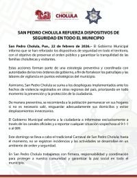 SAN PEDRO CHOLULA REFUERZA DISPOSITIVOS DE SEGURIDAD EN TODO EL MUNICIPIO