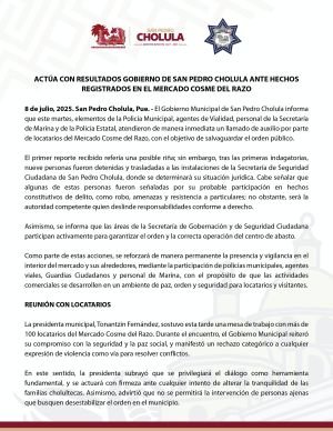 Actúa con resultados Gobierno de San Pedro Cholula ante hechos registrados en el mercado Cosme del Razo