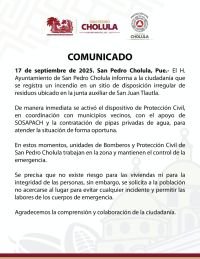 El H. Ayuntamiento de San Pedro Cholula informa a la ciudadanía que se registra un incendio en un sitio de disposición irregular de residuos ubicado en la junta auxiliar de San Juan Tlautla.