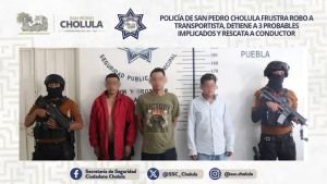 Policía de San Pedro Cholula frustra robo a transportista, detiene a 3 probables implicados y rescata a conductor