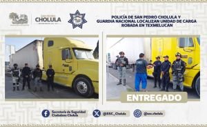 Policía de San Pedro Cholula y Guardia Nacional localizan unidad de carga robada en Texmelucan