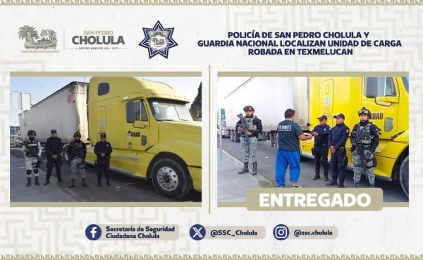 Policía de San Pedro Cholula y Guardia Nacional localizan unidad de carga robada en Texmelucan