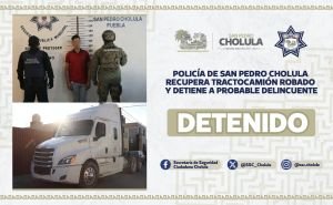 Policía de San Pedro Cholula recupera tractocamión robado y detiene a probable delincuente