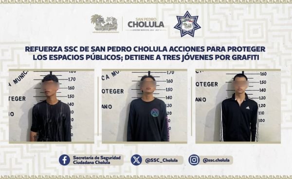 Refuerza SSC de San Pedro Cholula acciones para proteger los espacios públicos; detiene a tres jóvenes por grafiti