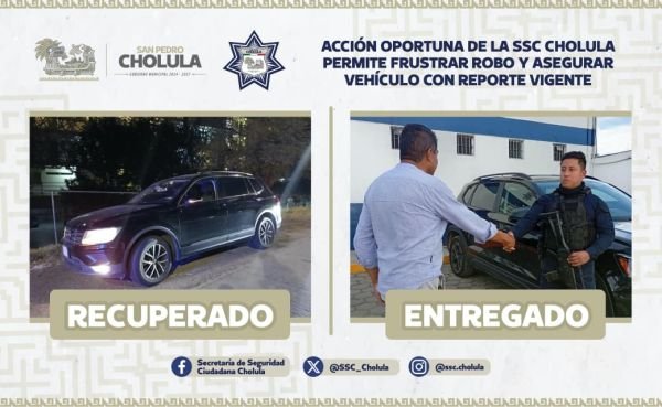Acción oportuna de la SSC Cholula permite frustrar robo y asegurar vehículo con reporte vigente